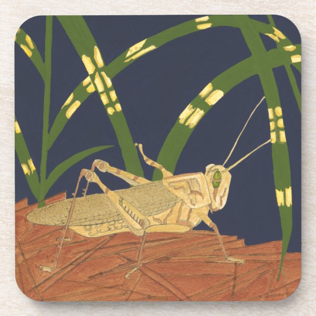 Grasshopper in Green Grass on Blue Background Coaster (Front)