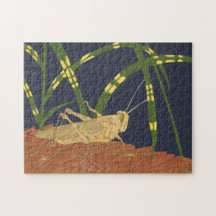 Grasshopper in Green Grass on Blue Background Jigsaw Puzzle