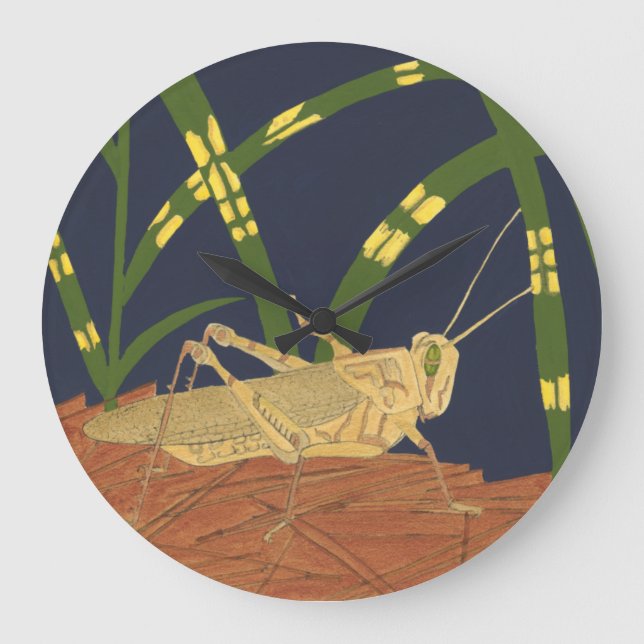 Grasshopper in Green Grass on Blue Background Large Clock (Front)