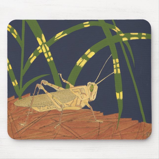 Grasshopper in Green Grass on Blue Background Mouse Mat (Front)