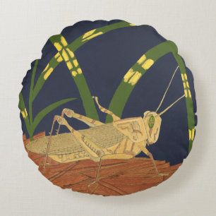 Grasshopper in Green Grass on Blue Background Round Cushion