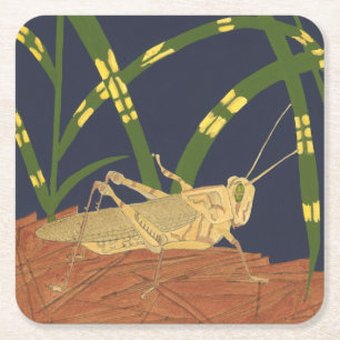 Grasshopper in Green Grass on Blue Background Square Paper Coaster
