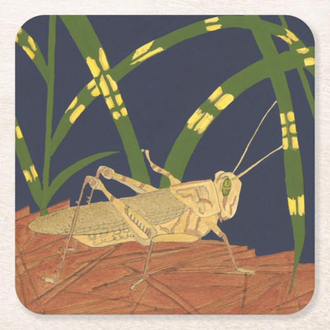 Grasshopper in Green Grass on Blue Background Square Paper Coaster (Front)