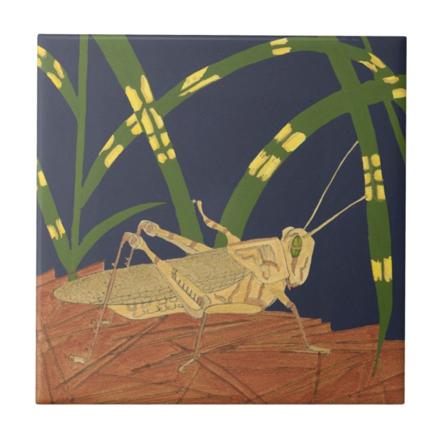 Grasshopper in Green Grass on Blue Background Tile (Front)
