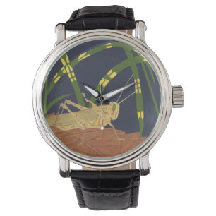 Grasshopper in Green Grass on Blue Background Watch