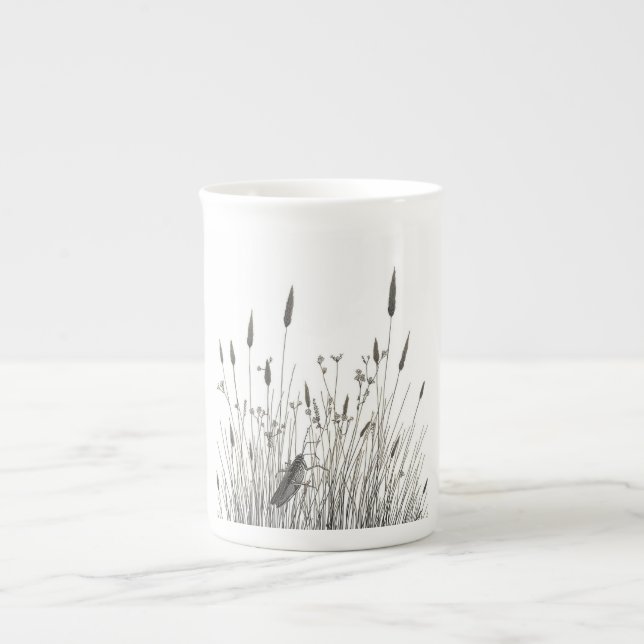 Grasshopper & Wild Grass Ink Art Coffee Mug (Front)