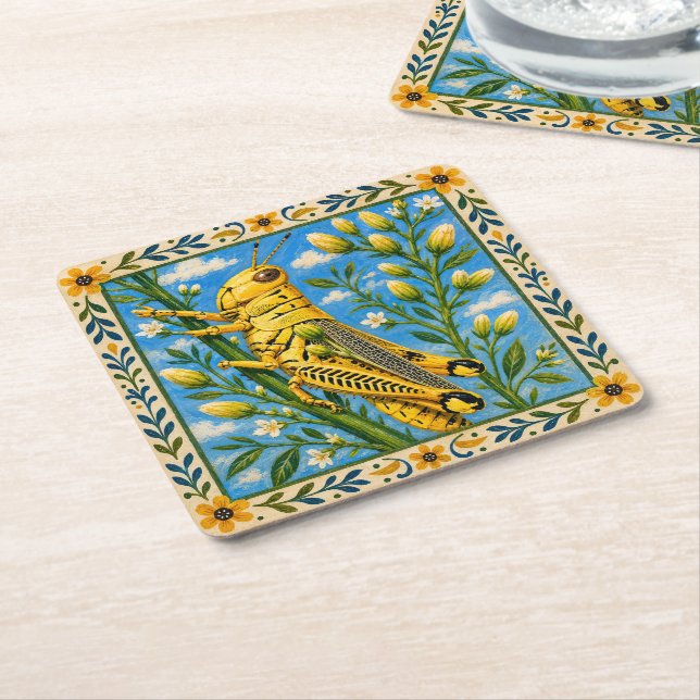 Grasshopper & Wildflower Folk Art Coaster Set (Angled)