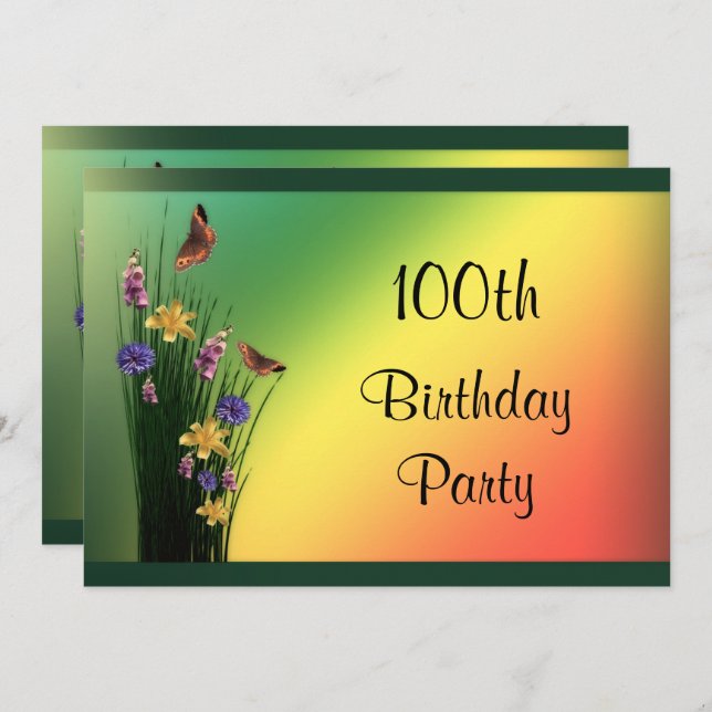 Grassy Bouquet And Butterflies 100th Birthday Invitation (Front/Back)