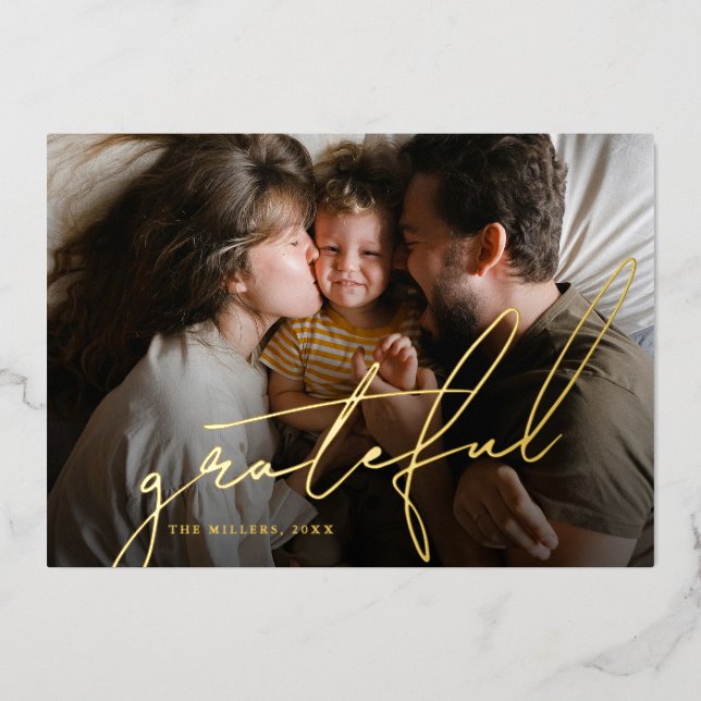 Grateful 2 Photo Collage Christmas Foil Holiday Card (Front)