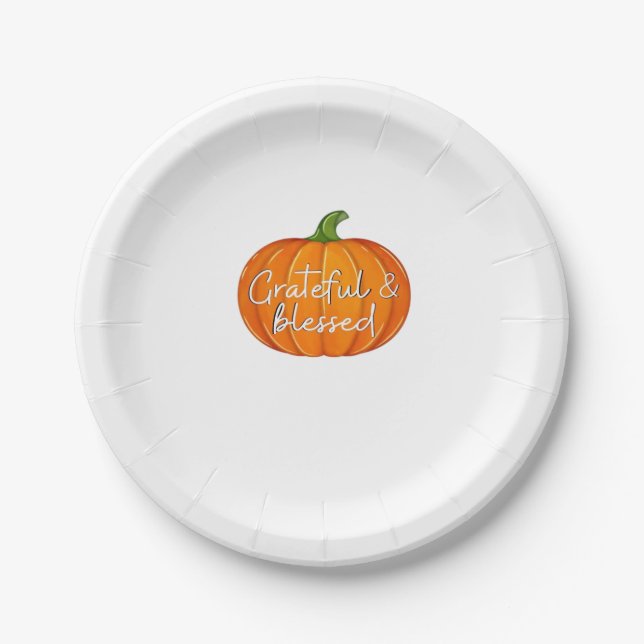 Grateful and Blessed - Pumpkin  Fall Thanksgiving  Paper Plate (Front)
