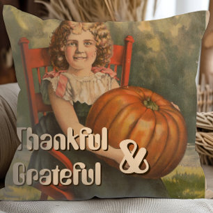 Grateful and thankful Vintage Girl with Pumpkin Cushion