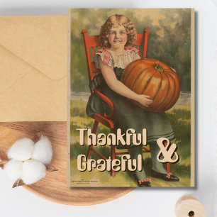 Grateful and thankful Vintage Girl with Pumpkin Holiday Card