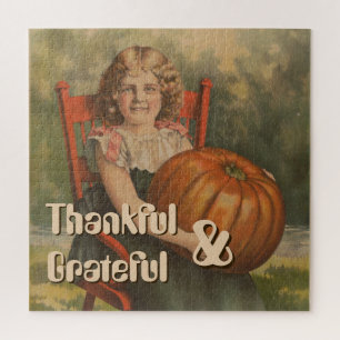 Grateful and thankful Vintage Girl with Pumpkin Jigsaw Puzzle