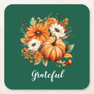 Grateful Autumn Floral Pumpkin Green Square Paper Coaster