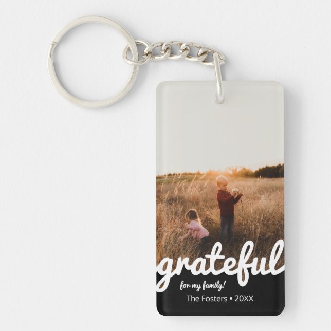 Grateful Black and White Script Custom Photo  Key Ring (Front)
