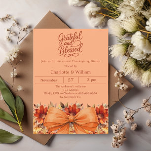 Grateful blessed bow atomic tangerine Thanksgiving Invitation