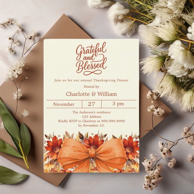 Grateful blessed bow floral orange Thanksgiving Invitation (Creator Uploaded)