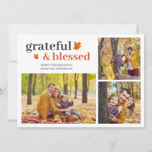 Grateful & Blessed   Elegant thanksgiving 3 photo Holiday Card