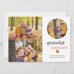 Grateful & Blessed   Elegant thanksgiving 3 photo Holiday Card
