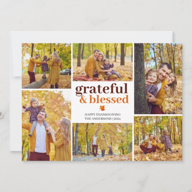 Grateful & Blessed Fall thanksgiving family photo Holiday Card (Front)