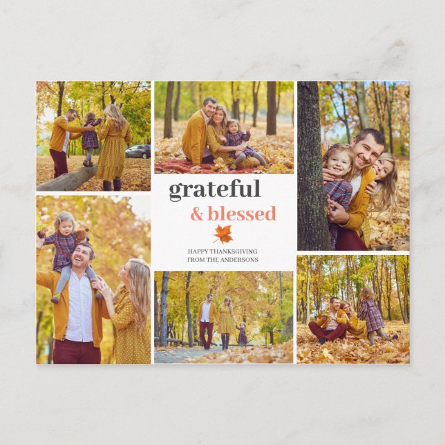 Grateful & Blessed Fall thanksgiving family photo Holiday Postcard (Front)