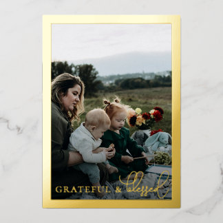 Grateful & Blessed Family Photo Collage Gold Foil Holiday Card