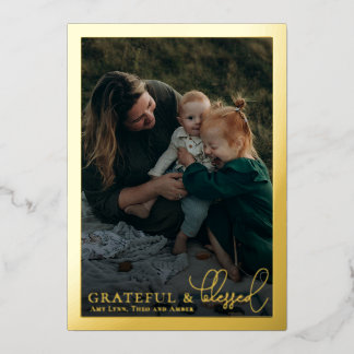 Grateful & Blessed Family Photo Collage Gold Foil Holiday Card