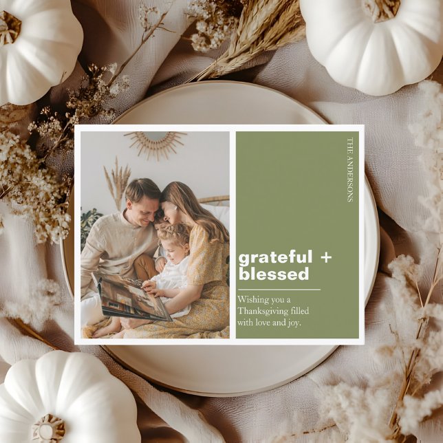 Grateful + Blessed Green Thanksgiving Photo Postcard (Creator Uploaded)