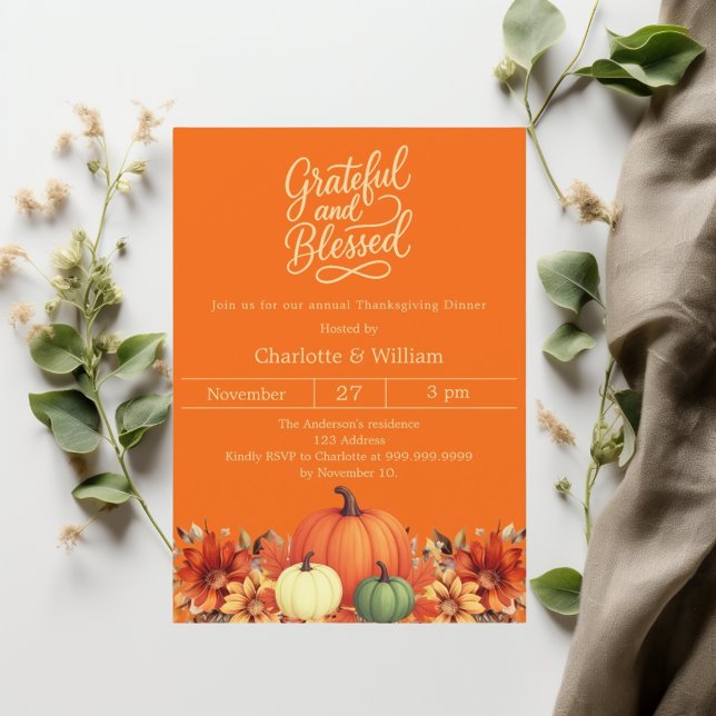 Grateful blessed pumpkin orange Thanksgiving Invitation (Creator Uploaded)