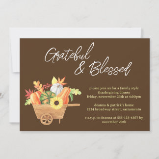 Grateful Blessed Pumpkin Wheelbarrow Thanksgiving Invitation