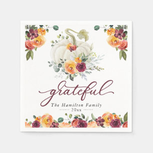 Grateful Burgundy Floral Pumpkin Thanksgiving Napkin