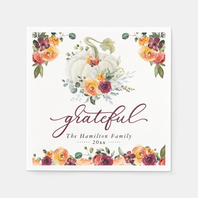 Grateful Burgundy Floral Pumpkin Thanksgiving Napkin (Front)