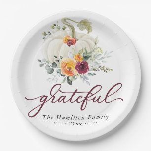 Grateful Burgundy Floral Pumpkin Thanksgiving Paper Plate