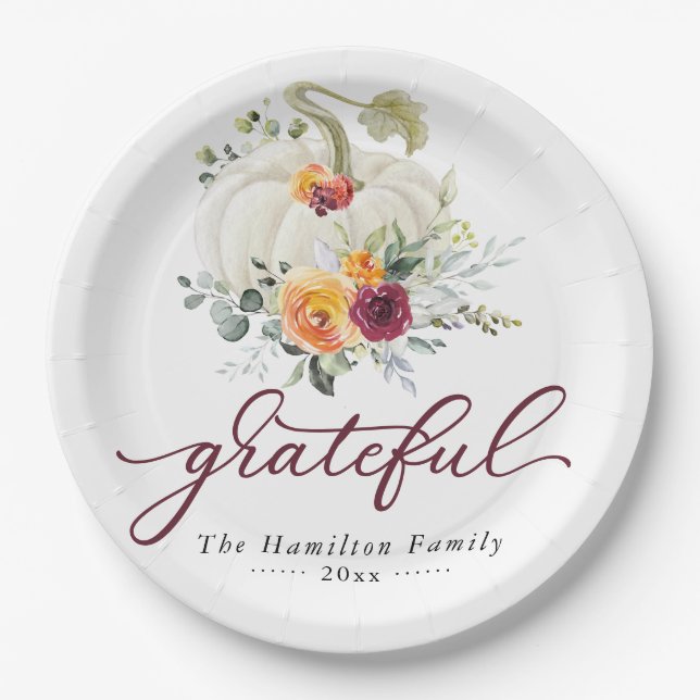Grateful Burgundy Floral Pumpkin Thanksgiving Paper Plate (Front)