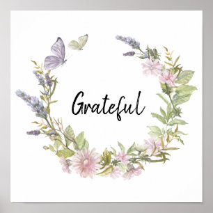 Grateful Butterflies Floral Wreath Poster