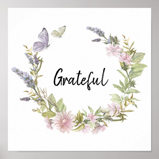 Grateful Butterflies Floral Wreath Poster (Front)