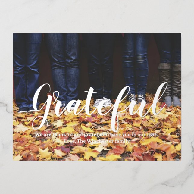 Grateful custom script and photo Thanksgiving Foil Holiday Postcard (Front)