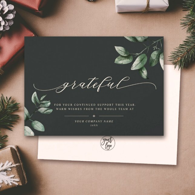 Grateful | Elegant Script Eucalyptus Business Logo Holiday Card (Creator Uploaded)