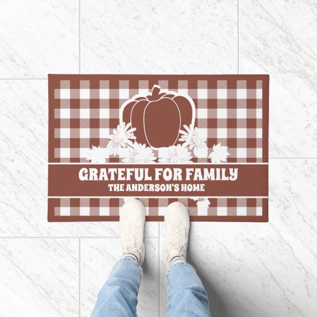 Grateful Family Custom Pumpkin Vines Brown Plaid Doormat (Indoor)