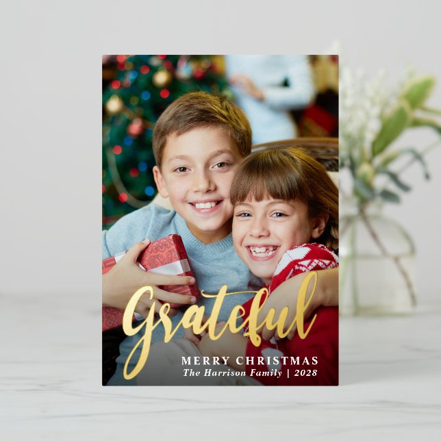 Grateful Family Photo Merry Christmas Foil Holiday Card (Standing Front)