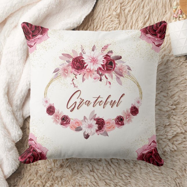 GRATEFUL Fancy Script Burgundy Floral Gold Wreath  Cushion (Blanket)