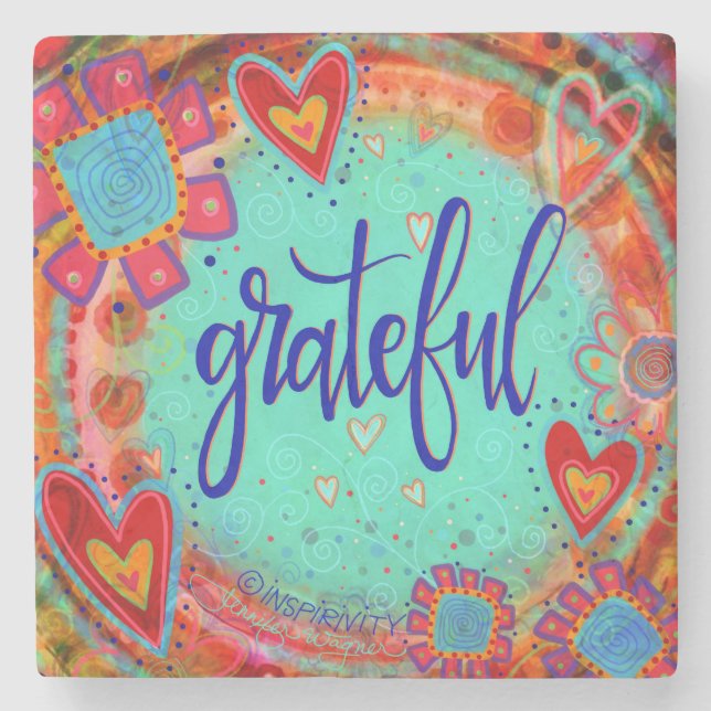 Grateful Floral Whimsical Hearts Fun Drink Stone Coaster (Front)