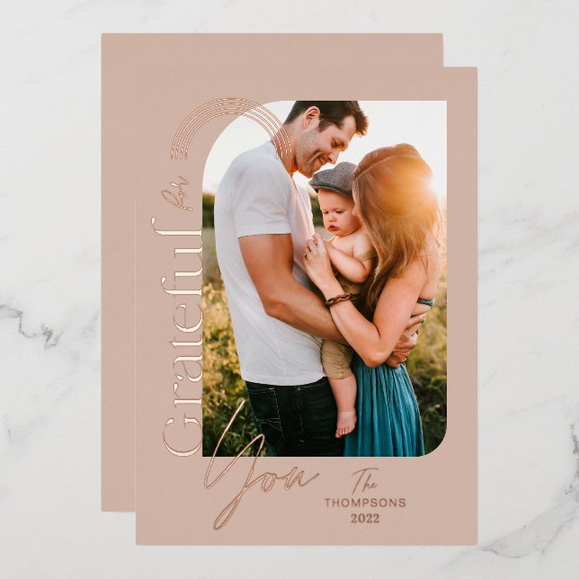 Grateful For You Modern Geometric Arch One Photo Foil Holiday Card (Front/Back)