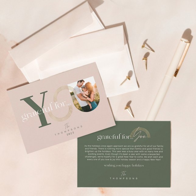 Grateful For You Modern Geometric Arch One Photo Holiday Card (Creator Uploaded)