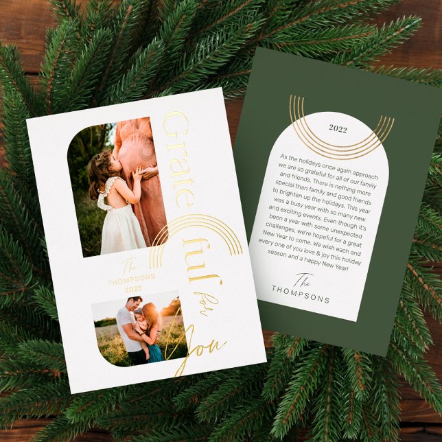 Grateful For You Modern Geometric Arch Two Photo Foil Holiday Card (Grateful For You Modern Geometric Arch Two Photo Foil Holiday Card)