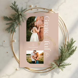 Grateful For You Modern Geometric Arch Two Photos Holiday Card