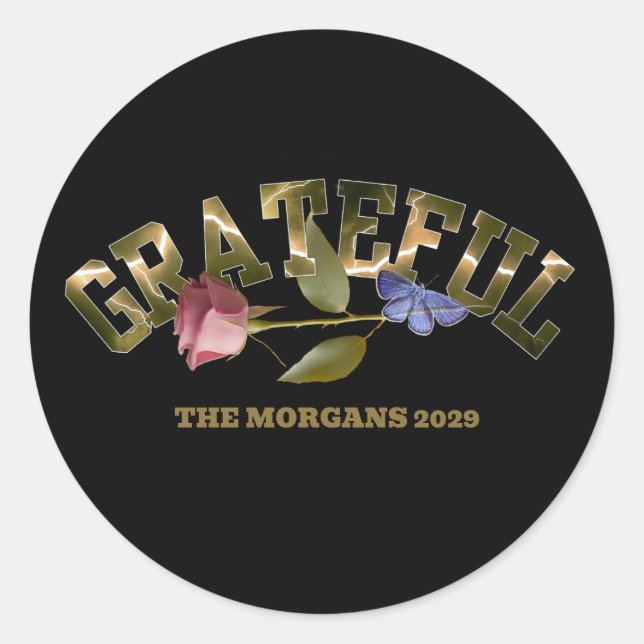 Grateful Golden Typography Rose & Butterfly Classic Round Sticker (Front)