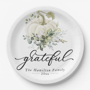 Grateful Greenery White Pumpkin Thanksgiving Paper Plate