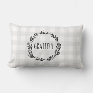 Grateful Grey Gingham Check Wreath Lumbar Cushion