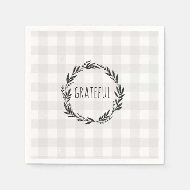 Grateful Grey Gingham Pattern Wreath Napkin (Front)